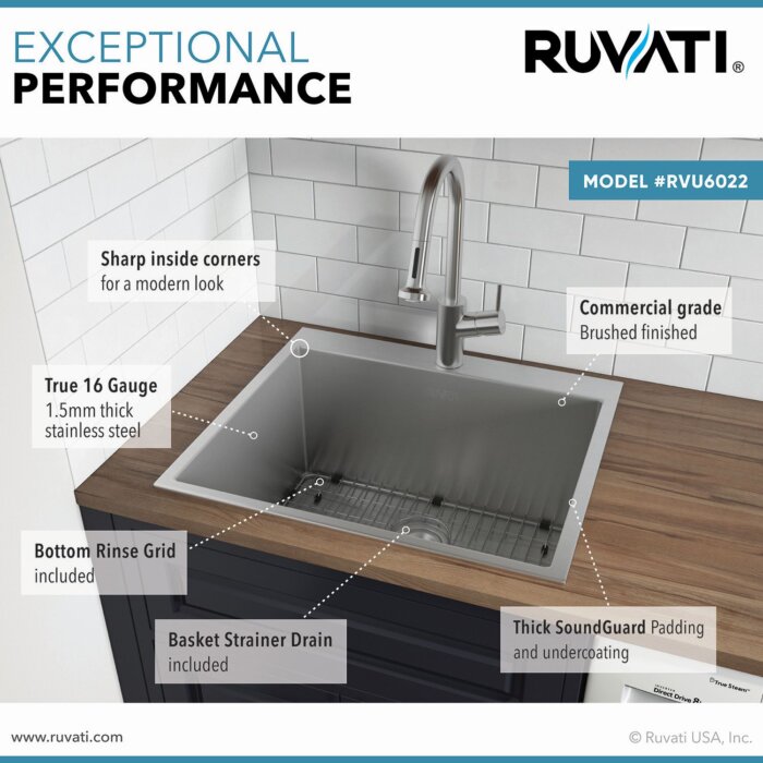 Forma Ruvati Top Mount Laundry 22″ x 22″ x 12″ Deep Utility Sink 16 Gauge Stainless Steel – Model# RVU6022