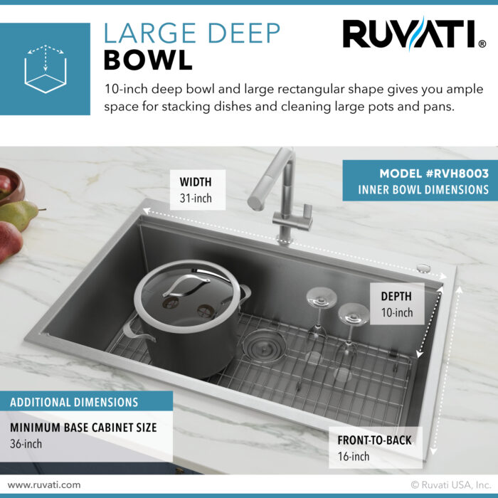 Siena Ruvati 33" x 22" Workstation Ledge Drop-in 16 Gauge Rounded Corners Stainless Steel Kitchen Sink Single Bowl – Model # RVH8003
