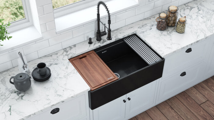 Fiore Model: RVL2387BK Ruvati 33 inch Fireclay Workstation Black Farmhouse Kitchen Sink Apron Front Single Bowl – RVL2387BK