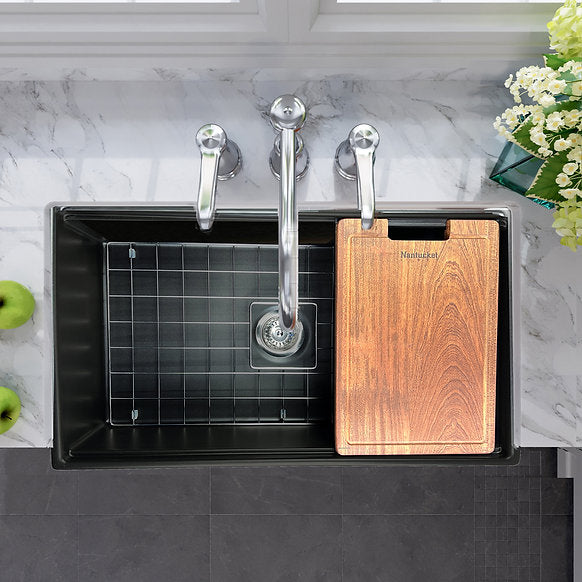 Nantucket Sinks - 33" Fireclay Reversible Workstation Farmhouse Fireclay Sink with Included Accessories Model# T-PS33MB