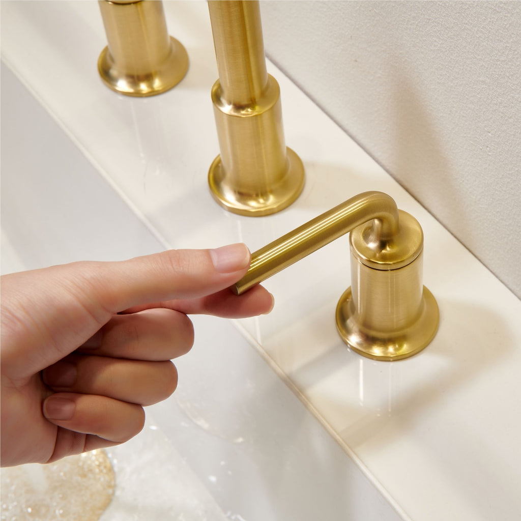 Oakland Wide Spread 2 Handle Bathroom Sink Faucet with Pop Up Drain in Satin Gold – Model #KSB8236SG