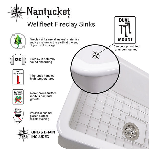 Nantucket Sinks - 18" Undermount Or Top Mount Fireclay Kitchen/Bar/Prep Sink Model# Wellfleet-1818W