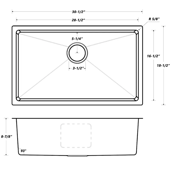 30″ Fabricated Undermount Single Bowl Stainless Steel Kitchen Sink-Model # KSH30189L