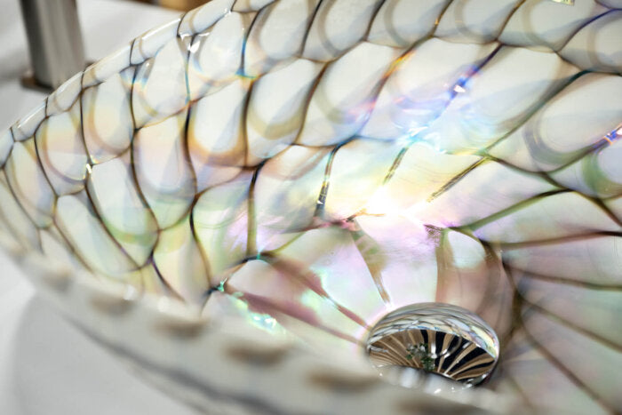 Murano Model: RVB3022 Ruvati 19 inch Murano Glass Art Vessel Seashell Decorative Pattern Bathroom Sink – Nautilus Brown – RVB3022