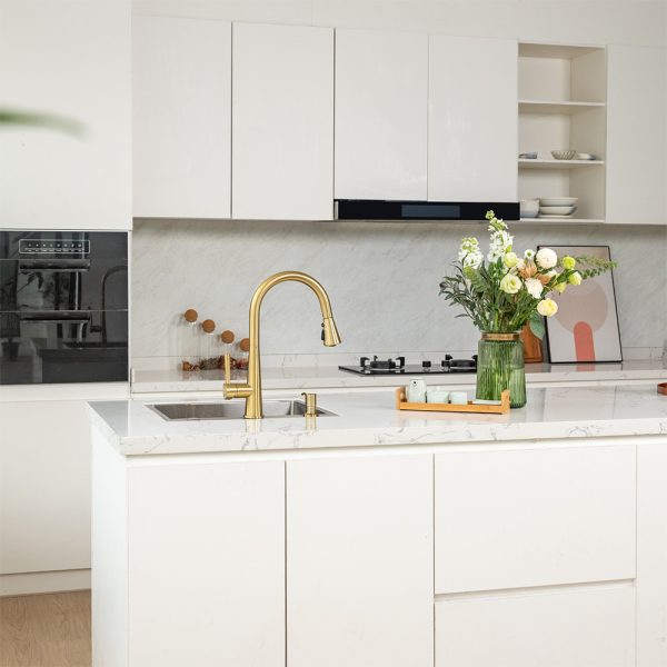 Single Handle Pull-Down 1 Hole Kitchen Faucet in Satin Gold Model# KSK1123SG