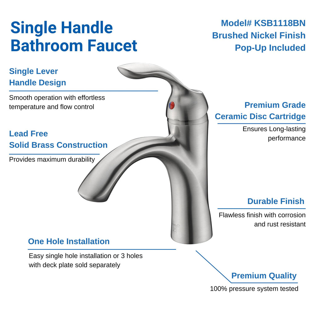 Oakland Single Handle Bathroom Sink Faucet with Pop Up Drain in Brushed Nickel Model# KSB1106BN