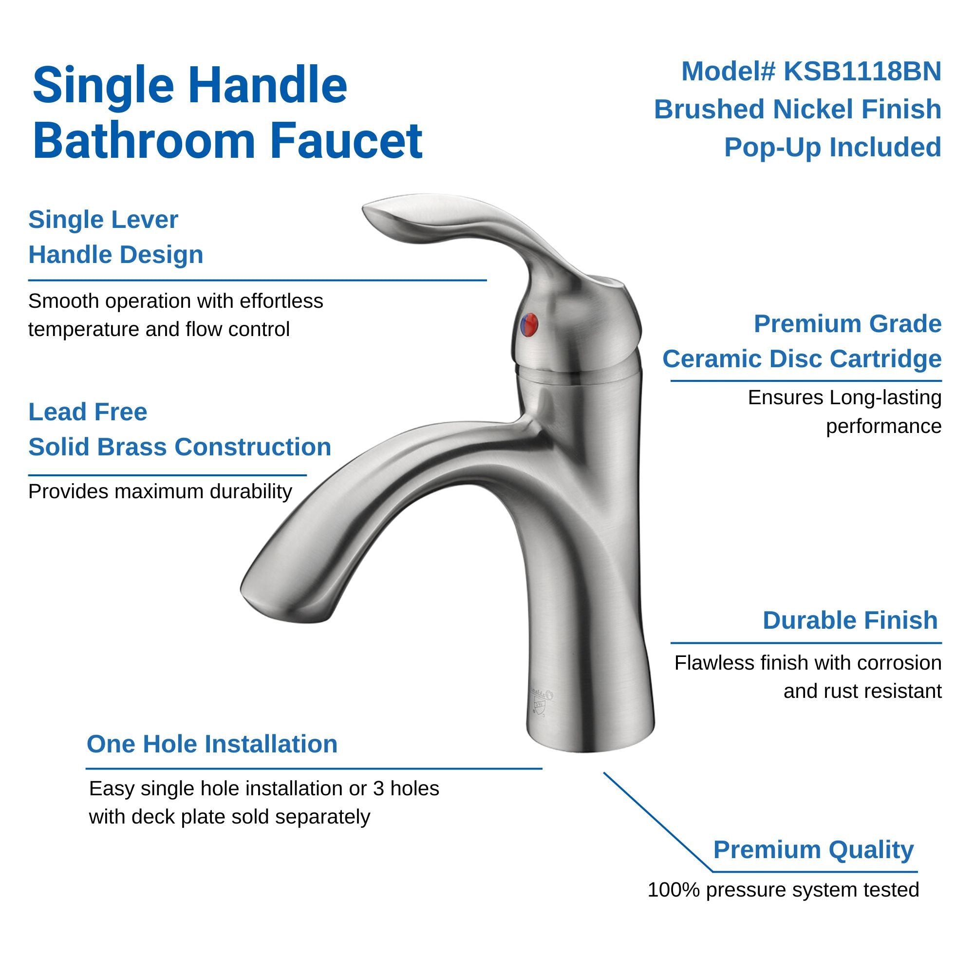Oakland Single Handle Bathroom Sink Faucet with Pop Up Drain in Brushed Nickel Model# KSB1106BN