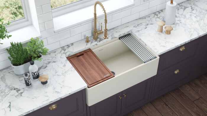 Fiore Model: RVL2387BS Ruvati 33 inch Fireclay Workstation Farmhouse Kitchen Sink Apron Front Single Bowl Biscuit Sand – RVL2387BS