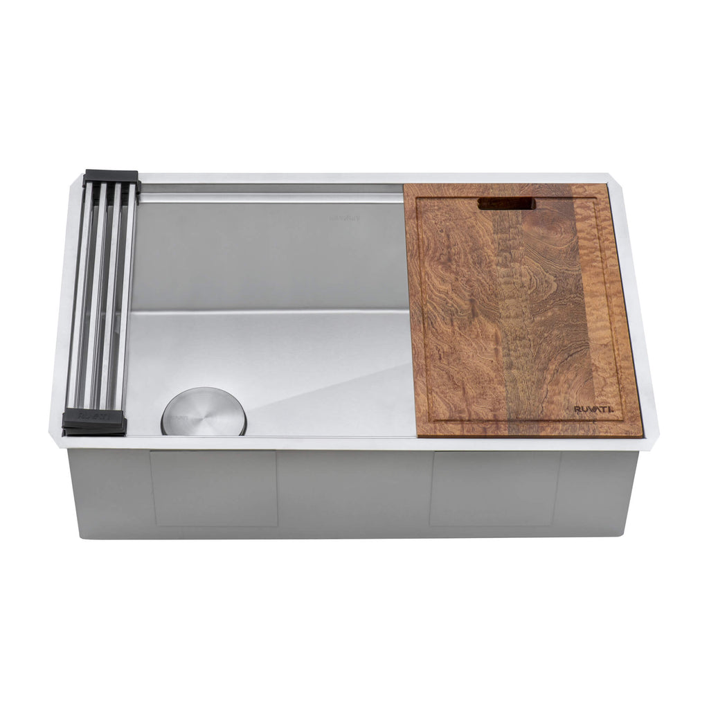 Veniso Ruvati 27-inch Workstation Slope Bottom Offset Drain Undermount 16 Gauge Kitchen Sink – Model # RVH8570