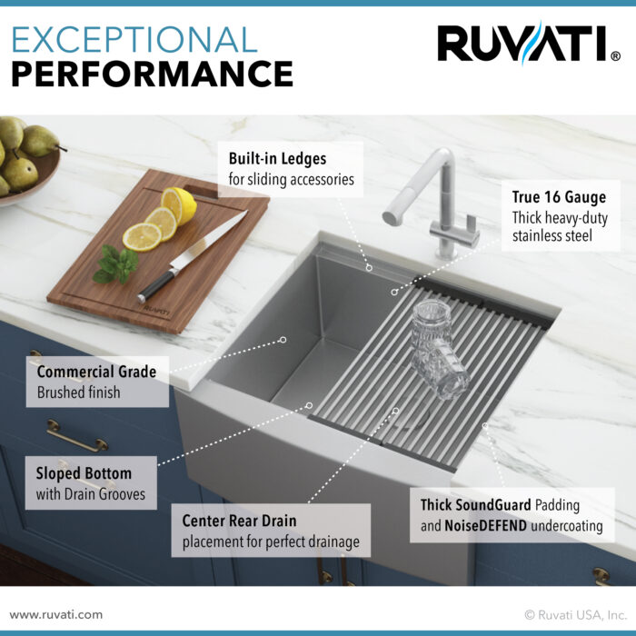 Verona Ruvati 24-inch Apron-front Workstation Farmhouse Kitchen Sink 16 Gauge Stainless Steel Single Bowl – Model # RVH9020