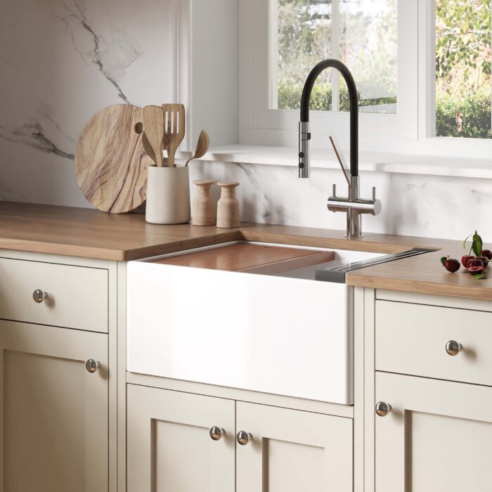 Ruvati 24 inch Fireclay Workstation White Farmhouse Kitchen Sink Apron Front Single Bowl – RVL2484WH