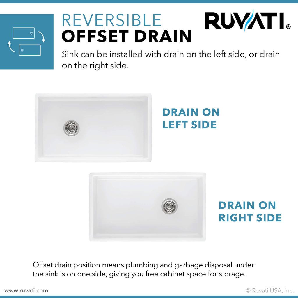 Fiamma Model: RVL2018WL Ruvati 30-inch Fireclay Farmhouse Offset Drain Kitchen Sink Single Bowl White – Left Drain – RVL2018WL