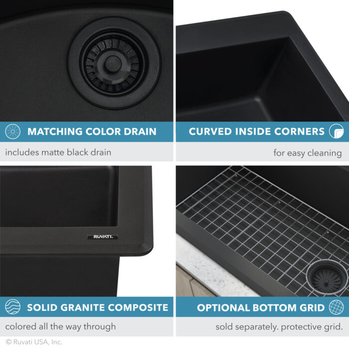 epiGranite Model: RVG1388BK Ruvati 33 x 22 inch epiGranite Drop-in Topmount Granite Composite Quartz Double Bowl Kitchen Sink – Midnight Black – RVG1388BK
