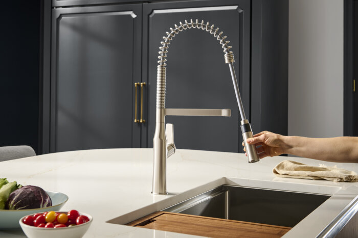 Seneca Model: RVF1233BN Ruvati Seneca Stainless Steel Single Handle Pull Down Kitchen Faucet Tall Spring Commercial with Pre-Rinse Sprayer – RVF1233BN