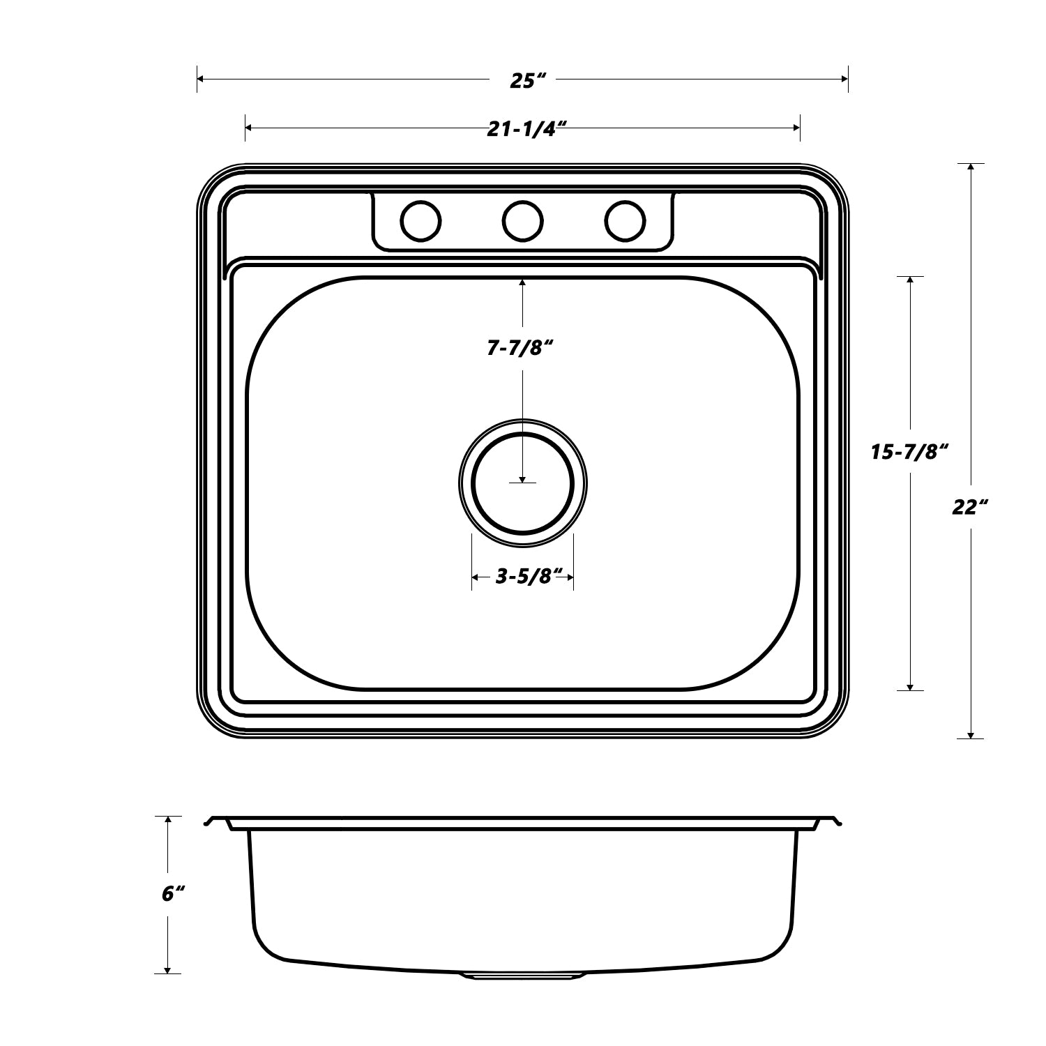 Oakland 25″x22″x6″ Drop-In Top Mount Stainless Steel Single 3 Hole Bowl Kitchen Sink Model# KST25226B-3