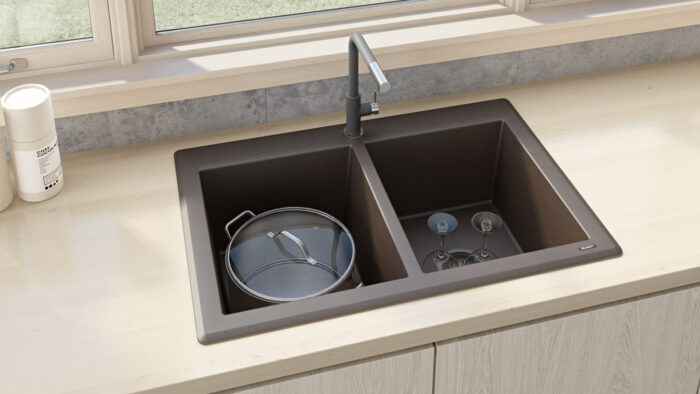 epiGranite Model: RVG1388ES Ruvati 33 x 22 inch epiGranite Drop-in Topmount Granite Composite Quartz Double Bowl Kitchen Sink – Espresso Brown – RVG1388ES