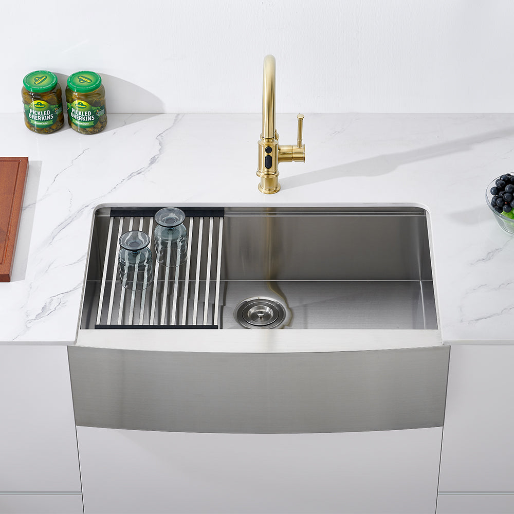 Oakland 30″ Workstation Farmhouse Kitchen Sink 90 Degree Square with Curved Front in Stainless Steel Model# WSF302110SS