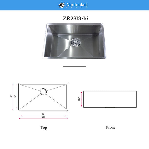 Nantucket Sinks - 28" Pro Series Large Rectangle Single Bowl Undermount Zero Radius Stainless Steel Kitchen Sink Model# ZR2818-16