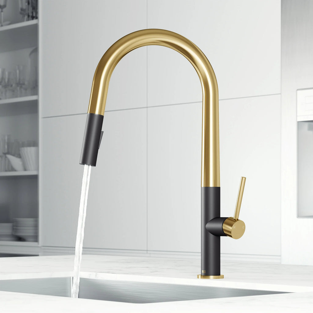 VIGO - Greenwich 18 in. Single Handle Pull-Down Kitchen Faucet In Primary Matte Brushed Gold/Matte Black Finish Model# VG02029SMBMGG