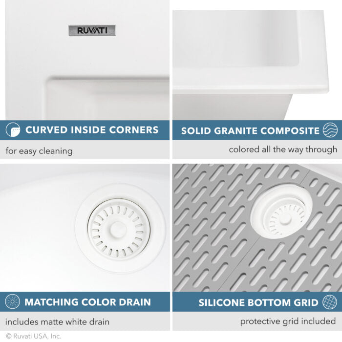 epiGranite Model: RVG1030WH Ruvati 30 x 20 inch epiGranite Drop-in Topmount Granite Composite Quartz Single Bowl Kitchen Sink – Arctic White Matte – RVG1030WH