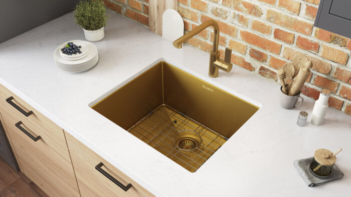 Terraza Ruvati 21-inch Matte Gold Stainless Steel Undermount Bar Prep Kitchen Sink 16 Gauge Rounded Corners Single Bowl – Model# RVH7121GG