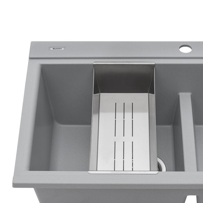 epiGranite Model: RVG1350GR Ruvati 34 inch epiGranite Drop-in Topmount Workstation Ledge Granite Composite Quartz Kitchen Sink – Silver Gray – RVG1350GR