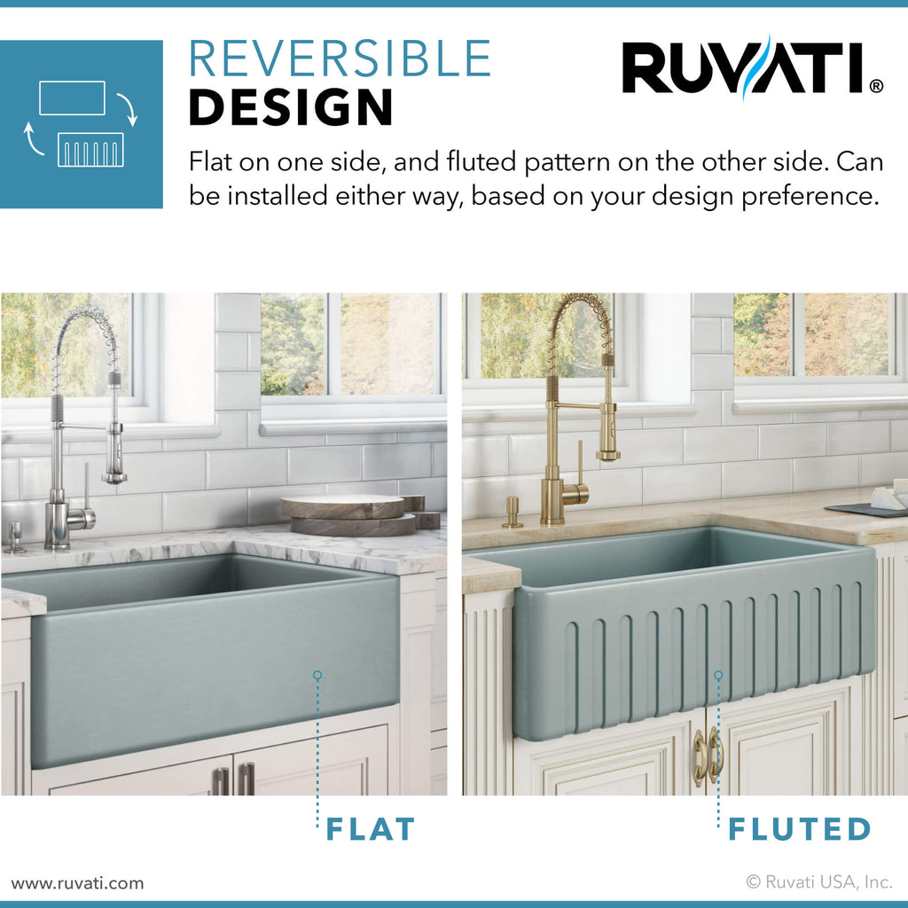 Fiamma Ruvati 33"x 20" Fireclay Reversible Farmhouse Apron-Front Kitchen Sink Single Bowl – Horizon Gray – Model# RVL2300GR