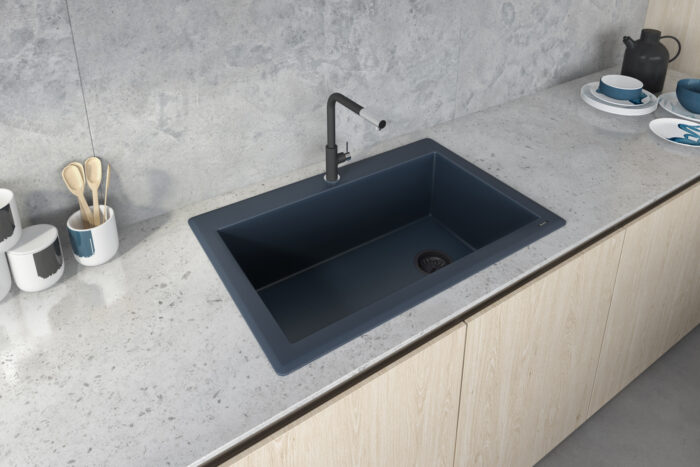 epiGranite Model: RVG1033LU Ruvati 33 x 22 inch Granite Composite Quartz Drop-in Topmount Single Bowl Kitchen Sink – Catalina Blue – RVG1033LU