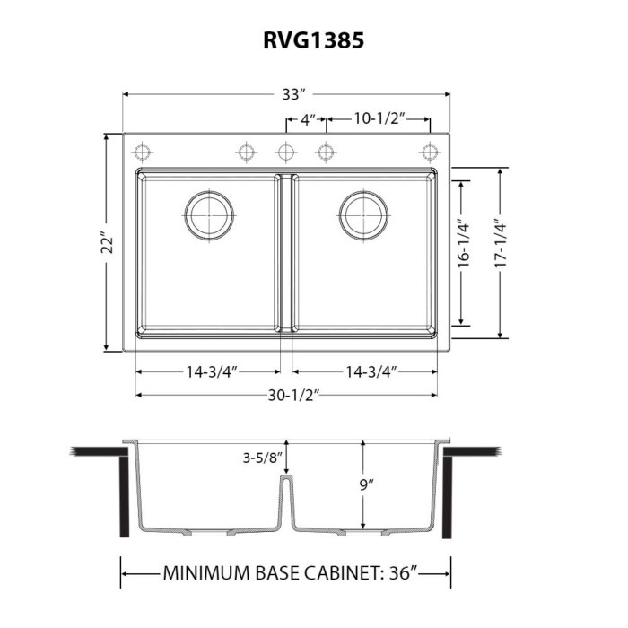 epiGranite Model: RVG1385BK Ruvati 33 x 22 inch epiGranite Drop-in TopMount Granite Composite Quartz Double Bowl Low Divide Kitchen Sink – Midnight Black – RVG1385BK