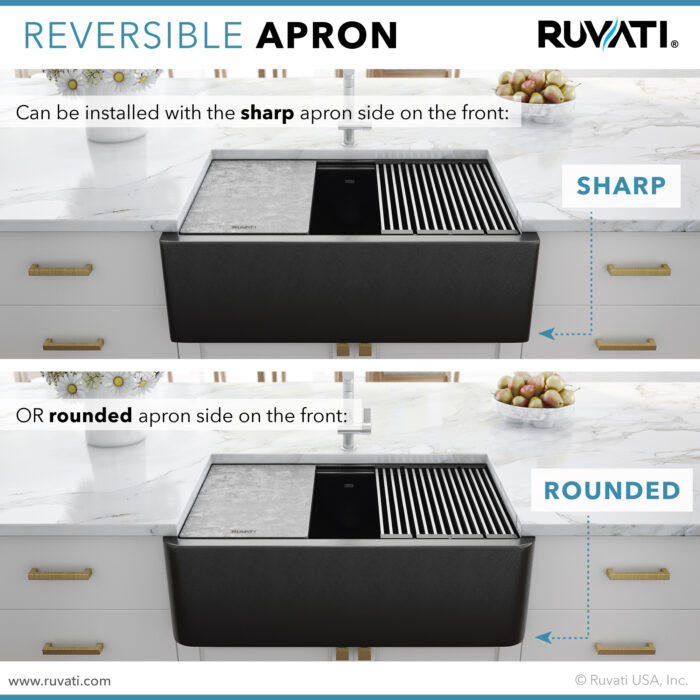 epiCast Ruvati 33" Matte Black Granite Farmhouse Workstation Apron-front Composite Kitchen Sink – Model# RVG1533BK