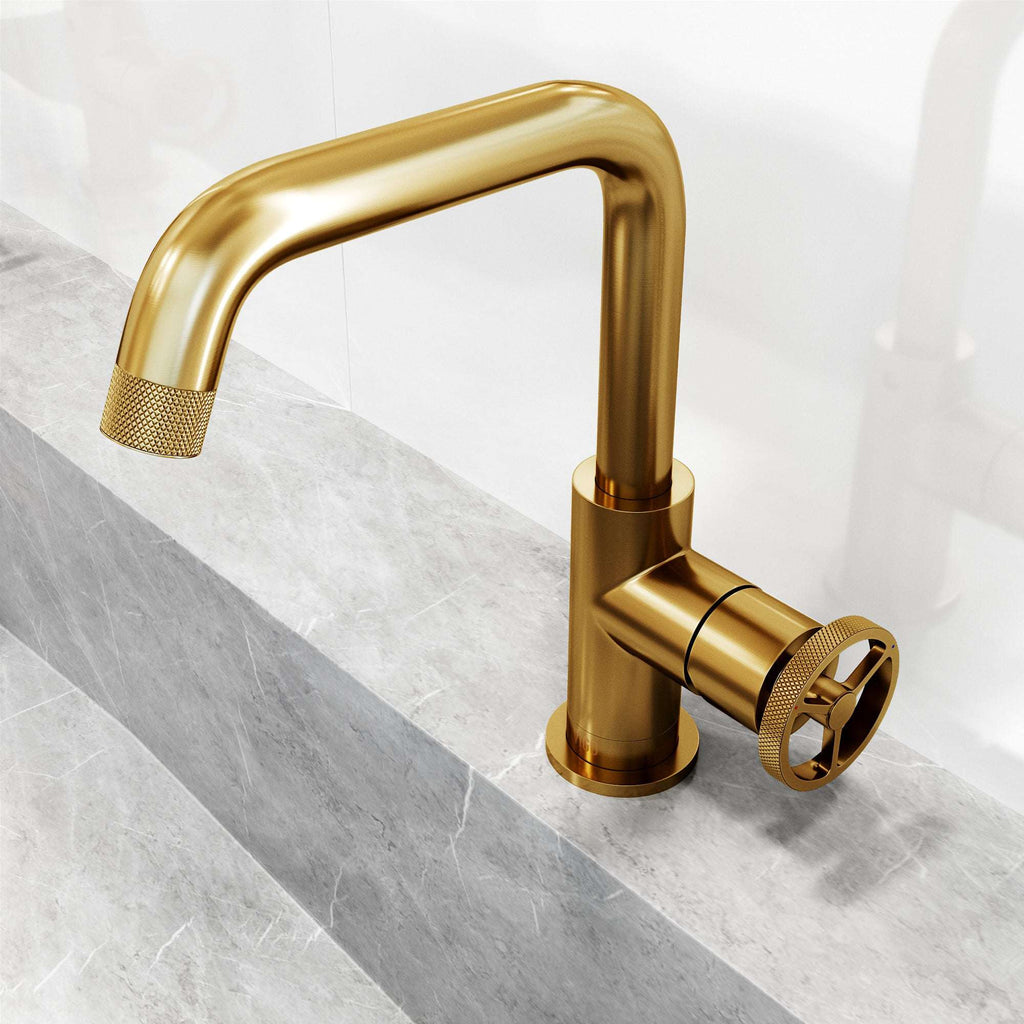 VIGO - Cass Single Hole Bathroom Faucet with Knurled Wheel Handle In Matte Brushed Gold Model# VG01047MG