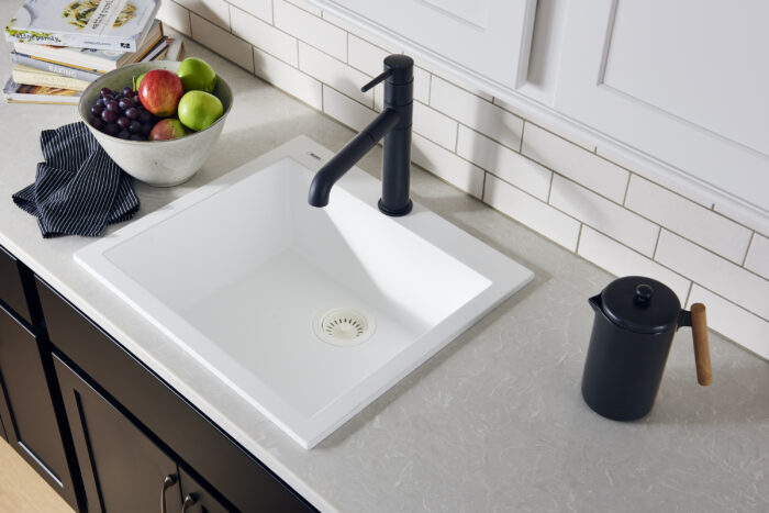 epiGranite Model: RVG1023WH Ruvati 23 x 20 inch epiGranite Drop-in Topmount Granite Composite Quartz Single Bowl Wet Bar Prep Sink – Arctic White Matte – RVG1023WH