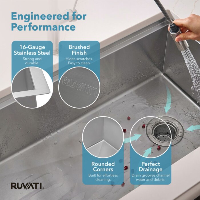 Veniso Nova Model: RVH8584 Ruvati 30-inch Workstation Slope Bottom Offset Drain Undermount 16 Gauge Kitchen Sink – RVH8584