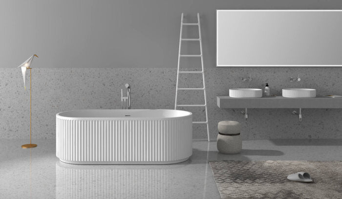 Cordona Model: RVB2819WH Ruvati 19 x 14 inch Fluted Vessel Bathroom Sink epiStone Solid Surface Modern Oval Matte White – RVB2819WH