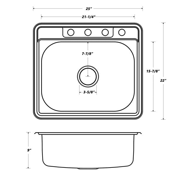 Oakland 25″x22″x9″ Drop-In Top Mount Stainless Steel Single Bowl Kitchen Sink 18 Gauge 4 Hole Model# KST25229T-4