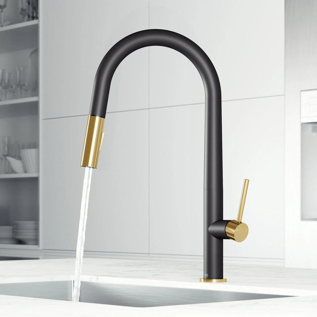 VIGO - Greenwich 18 in. Single Handle Pull-Down Kitchen Faucet In Primary Matte Black/Matte Brushed Gold Finish Model# VG02029SMBMGB