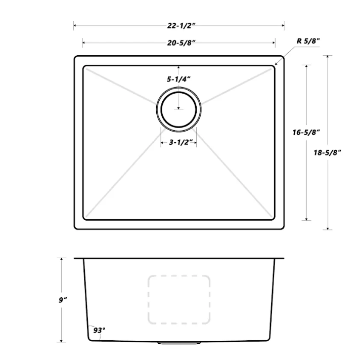 22″ Small Radius Undermount Single Bowl Stainless Steel Kitchen Sink-Model #KSH22189L