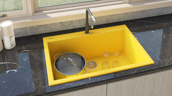 epiGranite Model: RVG1080YL Ruvati 33 x 22 inch Granite Composite Quartz Drop-in Topmount Kitchen Sink Single Bowl – Midas Yellow – RVG1080YL