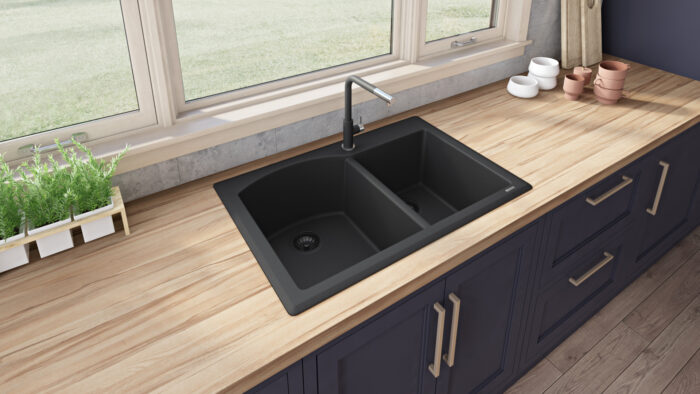 epiGranite Model: RVG1344BK Ruvati 33 x 22 inch epiGranite Drop-in Topmount Granite Composite Quartz Double Bowl Kitchen Sink – Midnight Black – RVG1344BK