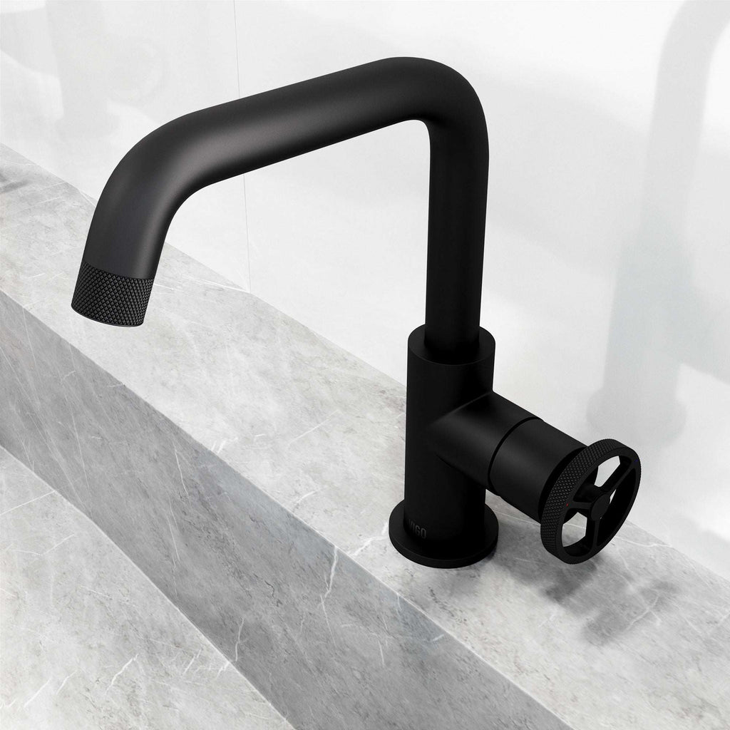 VIGO - Cass Single Hole Bathroom Faucet with Knurled Wheel Handle In Matte Black Model# VG01047MB