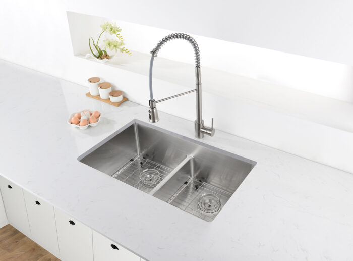 Urbana Ruvati 32" Low-Divide Undermount 50/50 Double Bowl 16 Gauge Rounded Corners Stainless Steel Kitchen Sink – Model # RVH7411