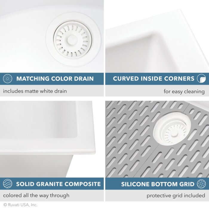 epiStage Model: RVG1306WH Ruvati 33-inch Granite Composite Quartz Workstation Drop-in Topmount Kitchen Sink Matte White Matte – RVG1306WH