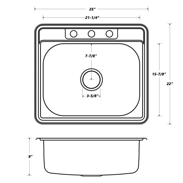 Oakland 25″x22″x9″ Drop-In Top Mount Stainless Steel Single Bowl Kitchen Sink 18 Gauge 3 Hole Model# KST25229T-3