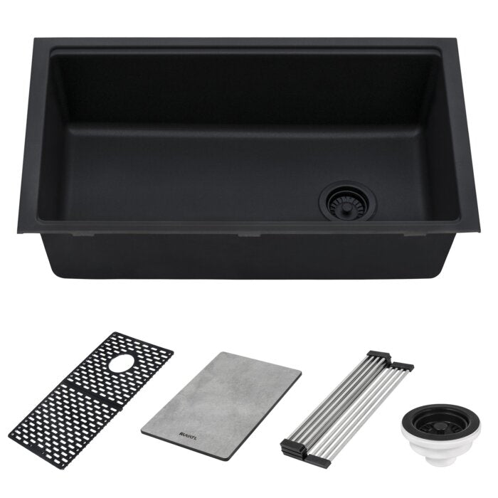 epiStage Ruvati 33" Undermount Workstation Granite Composite Kitchen Sink Matte Black – Model# RVG2302BK