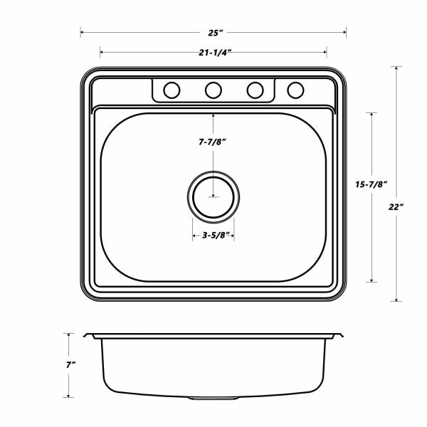 Oakland 25″x22″x7″ Drop-In Top Mount Stainless Steel 4- Hole Single Bowl Kitchen Sink Model# KST25227B-4