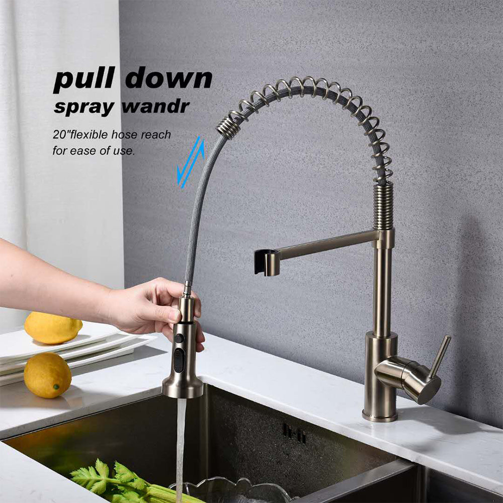 Single Handle 1 Hole Pull-Down Kitchen Faucet with Spring in Brushed Nickel Model# KSK1125BN