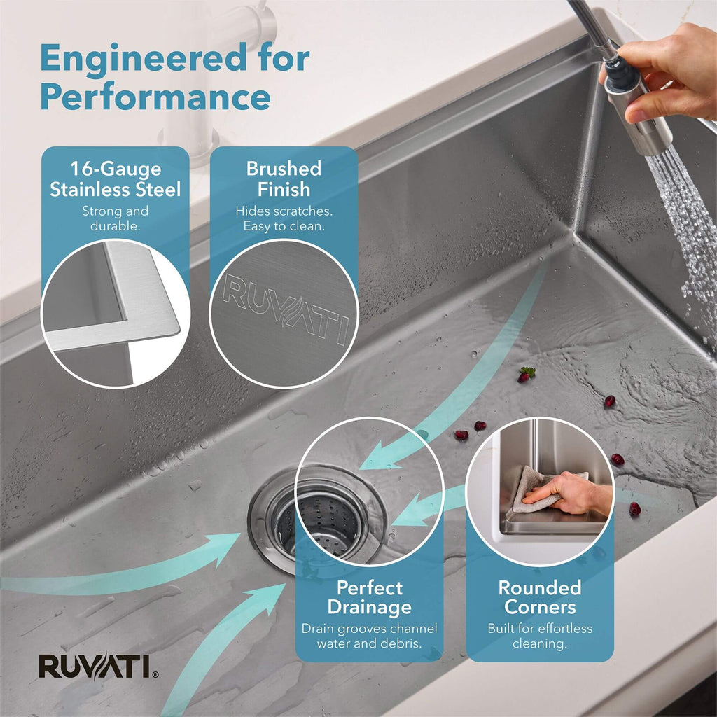 Roma Pro Model: RVH8303 Ruvati 33-inch Workstation Ledge Rounded Corners Undermount 16 Gauge Kitchen Sink Single Bowl – RVH8303