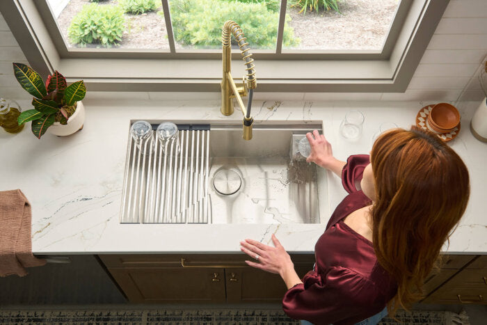 Seneca Model: RVF1233SG Ruvati Seneca Brushed Gold Single Handle Pull Down Kitchen Faucet Tall High Arc Commercial with Pre-Rinse Sprayer – RVF1233SG