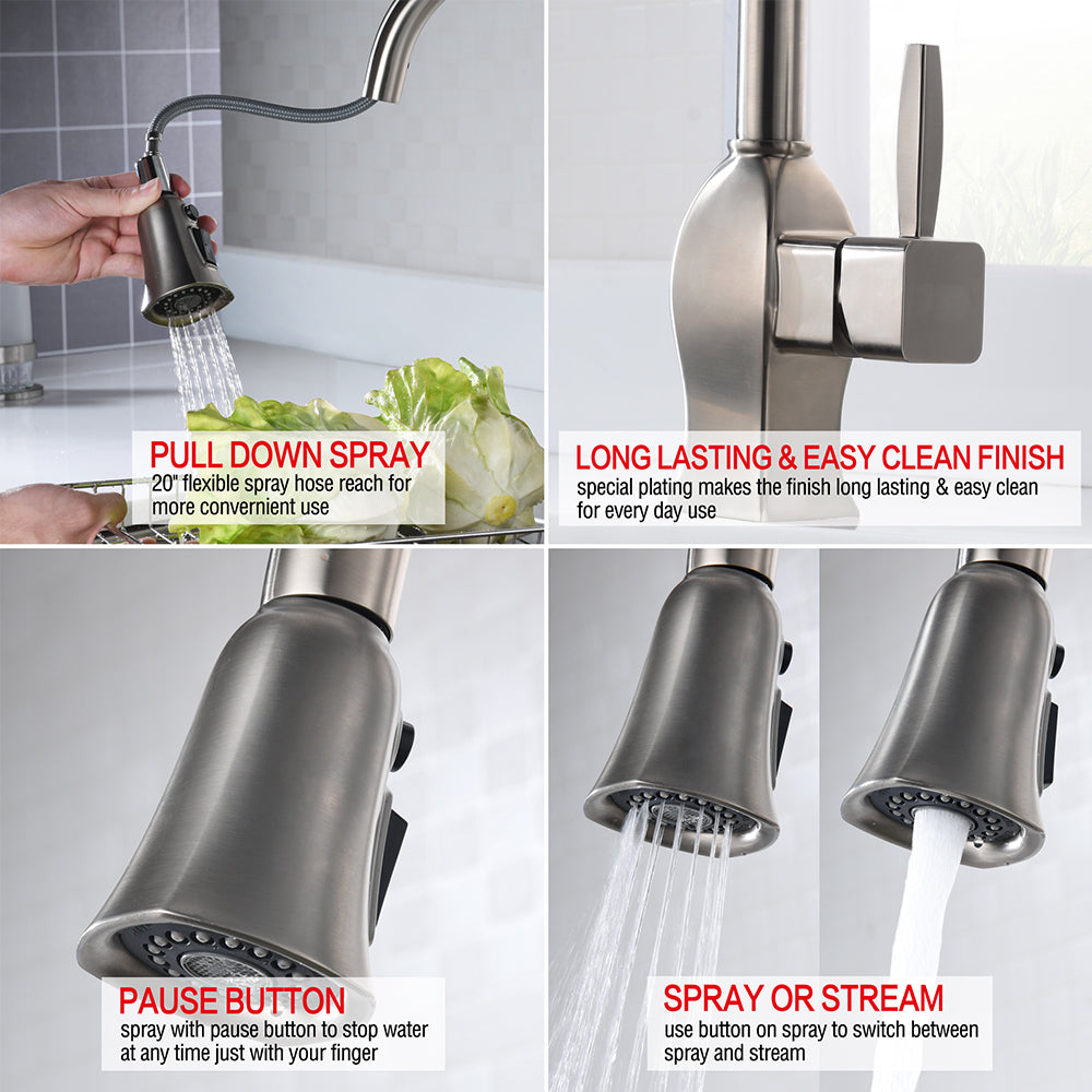 Single Handle 1 Hole Pull-Down Kitchen Faucet in Brushed Nickel – Model# KSK1122BN