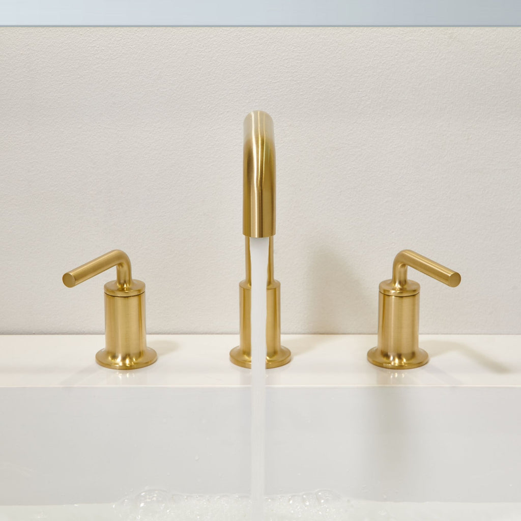 Oakland Wide Spread 2 Handle Bathroom Sink Faucet with Pop Up Drain in Satin Gold – Model #KSB8236SG